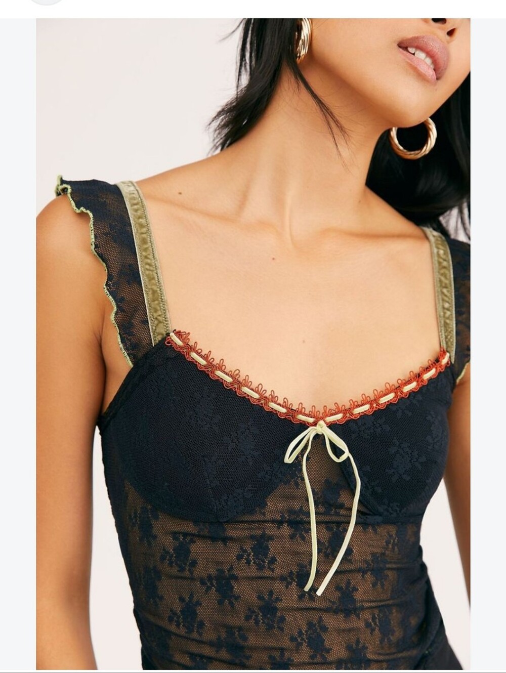Free People Black Lace Bralette with Olive Straps and Rust Trim